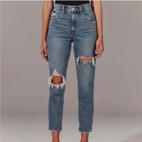Abercrombie & Fitch Curve Love High Rise Mom Jeans Distressed Denim Sz 27 4R - Picture 3 of 11